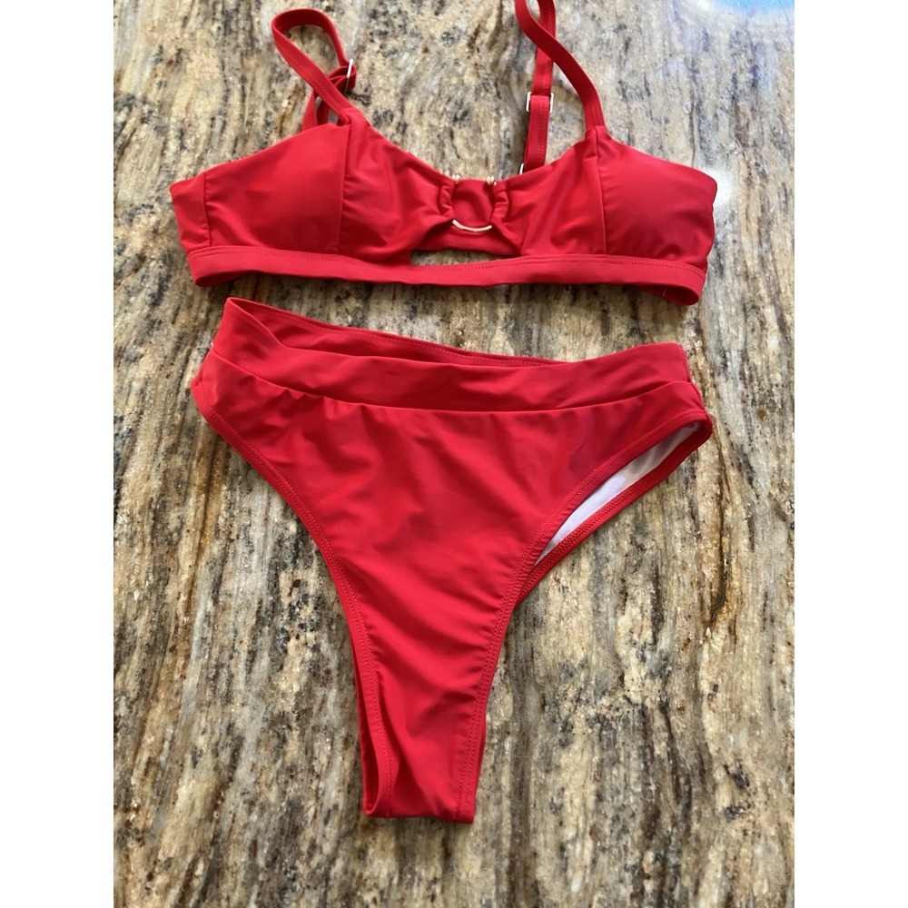 Vibrant BIKINIS Set 2-pc Red Hi Waisted Keyhole Ring Cut Out Cheeky Sz Medium